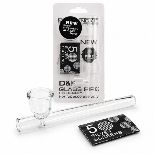D&K New Gear 5 Silver Screen glass pipe set, including a clear glass bowl, a clear glass pipe neck, a clear glass mouthpiece, and a black fabric screen pouch with silver circular patterns, shown on a white background. D & K GLASS PIPE WITH  5xSCREEN. UK SUPPLIER 121 WHOLESALE 