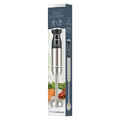 Geepas hand stick blender ghb43048, stainless steel shaft with black grip, boxed for kitchen use.