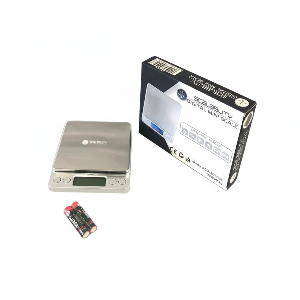 Digital pocket scale by Scalability, 0.1–100 g, silver finish, shown with box and two batteries