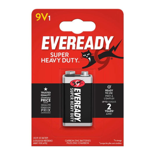 Eveready 9V Super Heavy Duty carbon zinc battery in its original red and black blister card packaging.