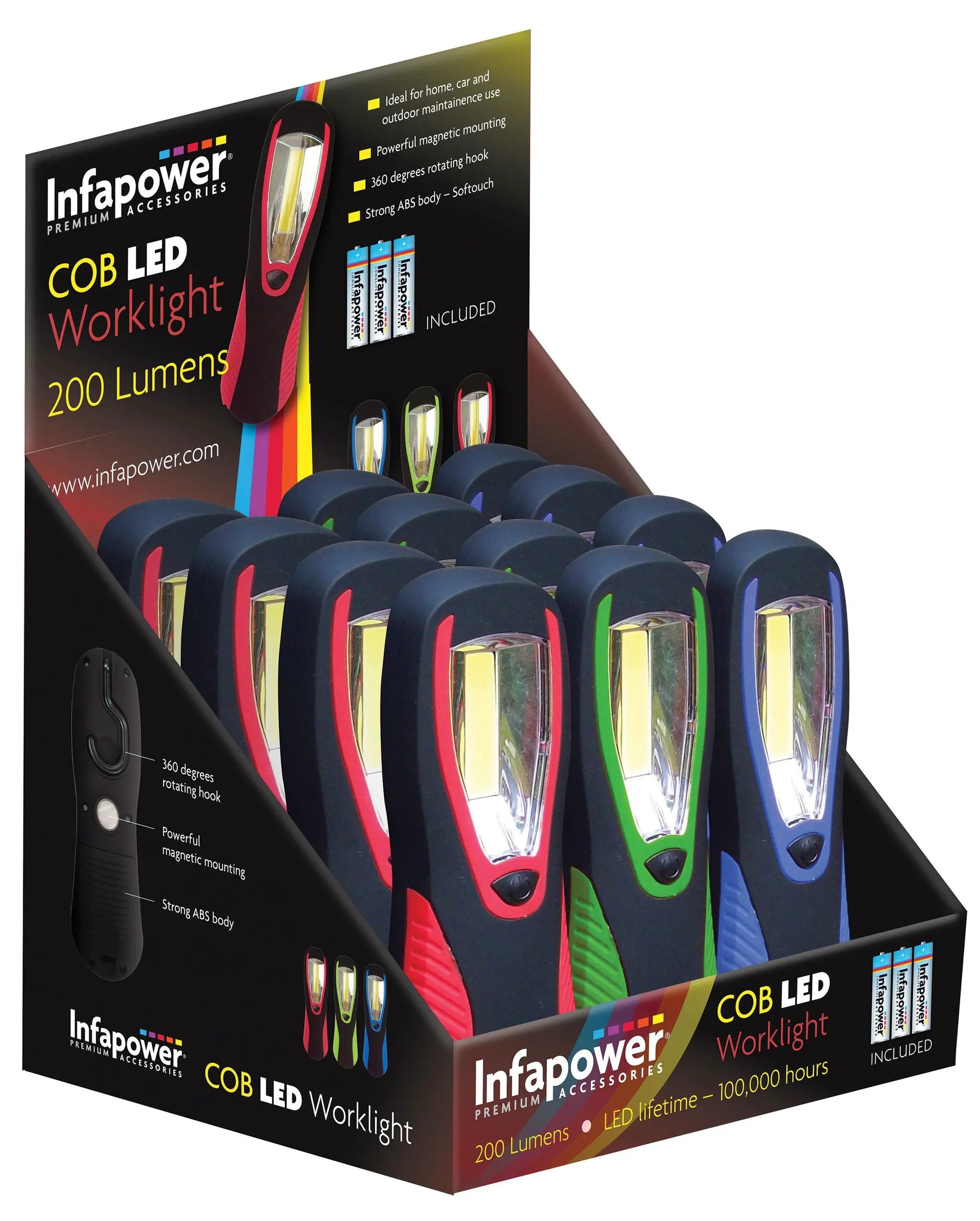 Infapower COB LED Worklight torches; set of four colored variants on a display box.