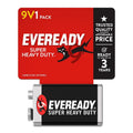 Eveready 9V battery with red and black packaging, Super Heavy Duty branding; 1-pack shown