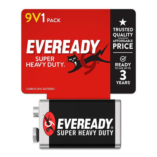 Eveready 9V battery with red and black packaging, Super Heavy Duty branding; 1-pack shown