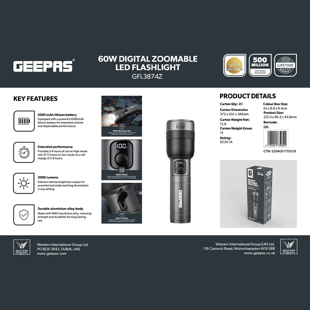 Torch Rechargeable Zoomable Long Range - 60W LED Flashlight 3000 Lumen Super Bright Powerful 5000mAh Battery GFL3874Z Geepas