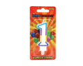 GSD birthday candle numbered 1, blue-outlined numeral on white base, in festive packaging