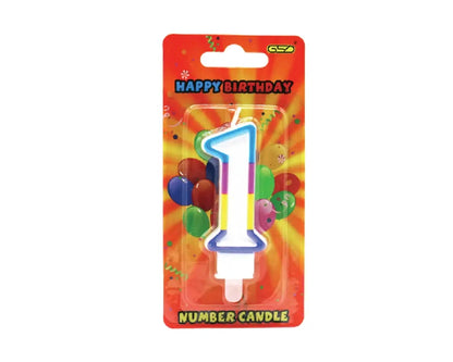 GSD birthday candle numbered 1, blue-outlined numeral on white base, in festive packaging