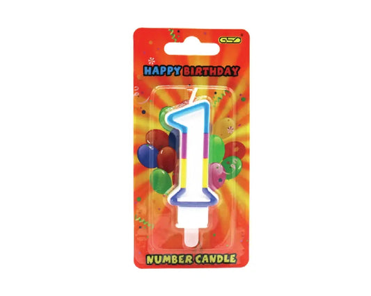 GSD birthday candle numbered 1, blue-outlined numeral on white base, in festive packaging