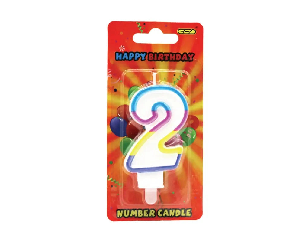 GSD Birthday Candles Numbered rainbow-colored number 2 candle in packaging