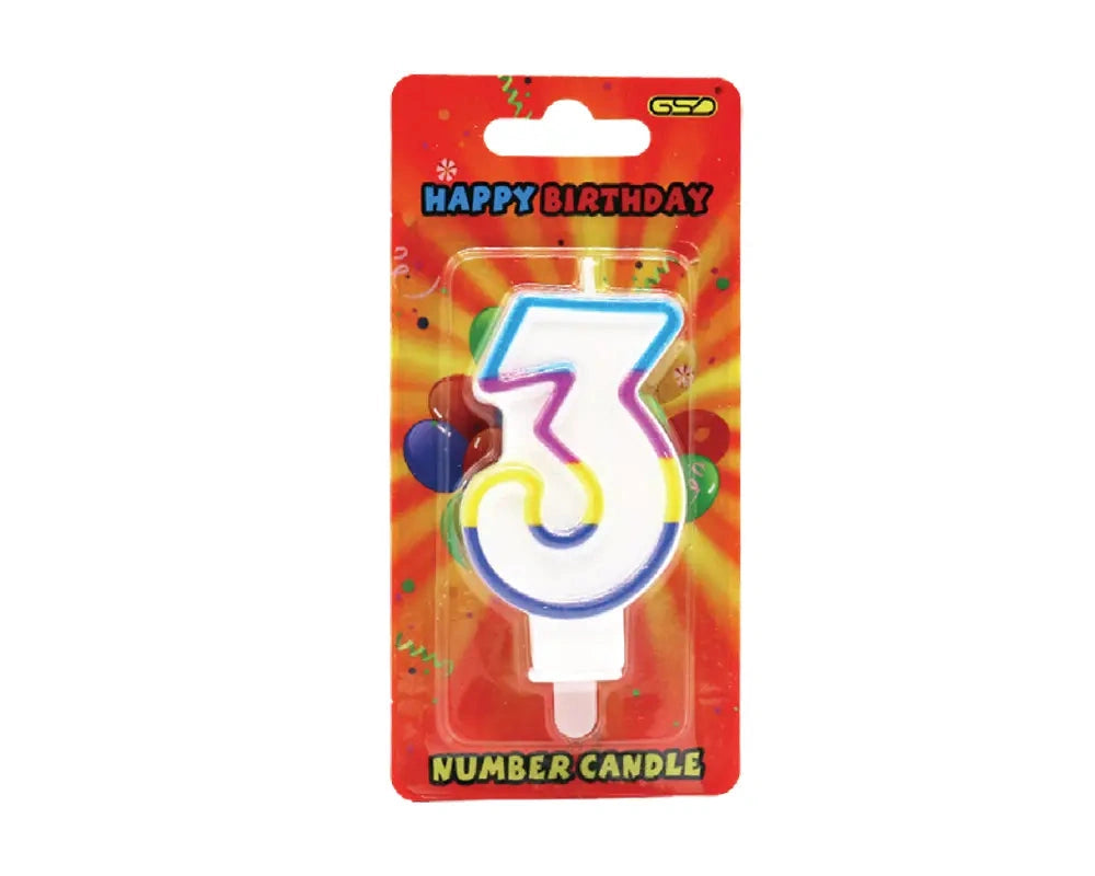 GSD birthday candle number 3, white with blue outline and multicolor border, in festive packaging.