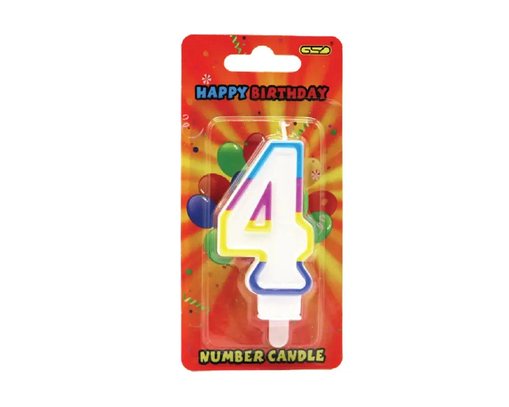 GSD Birthday Candles Numbered 4 with rainbow-outline numeral on white base in blister packaging