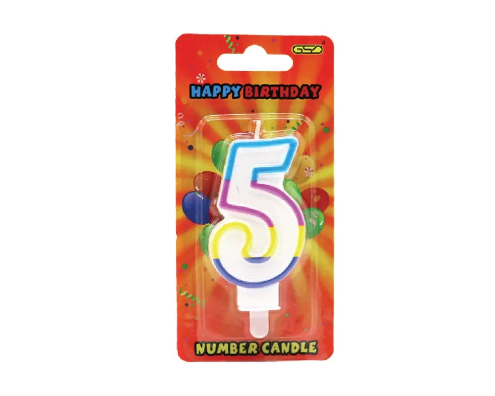 Number candle 5 by GSD with white body and colorful outline on bright birthday packaging