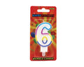 GSD numbered birthday candle 6 with rainbow outline on colorful packaging