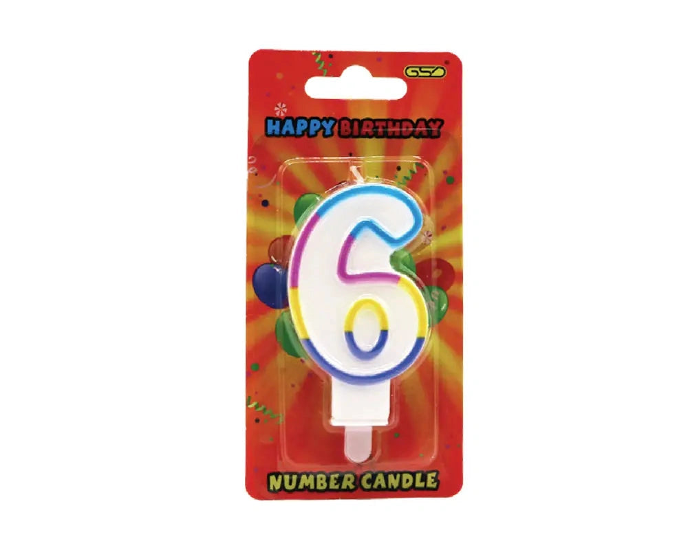 GSD numbered birthday candle 6 with rainbow outline on colorful packaging