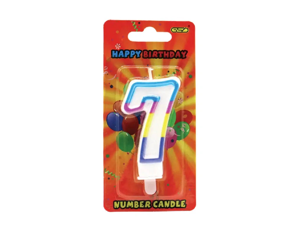 GSD Birthday Candles Numbered 7 candle in package with colorful balloons and Happy Birthday design