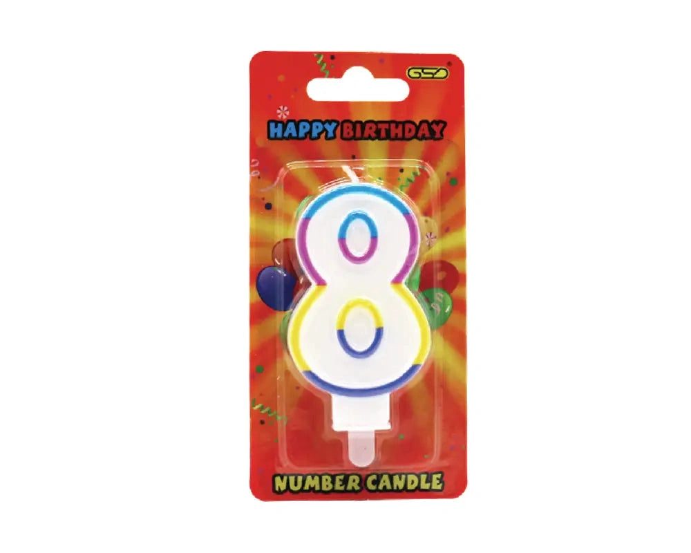 GSD numbered birthday candle 8; white candle with rainbow outline in red packaging
