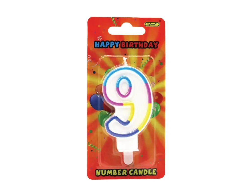 Numbered birthday candle 9 by GSD with multicolor outline on bright orange packaging