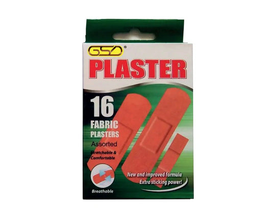 GSD fabric plasters box with 16 assorted orange, breathable plasters.