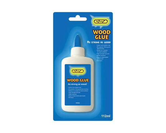 A 112ml bottle of GSd Wood Glue in its original blue blister packaging, shown against a plain white background.