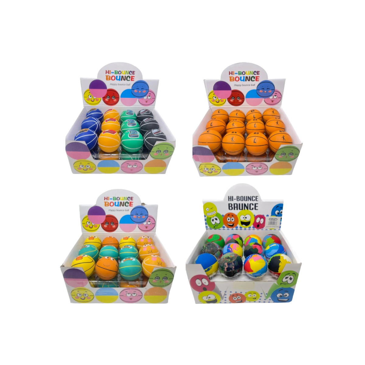 Display of colorful bouncy balls in packaging with 'Hi-Bounce Bounce' branding.