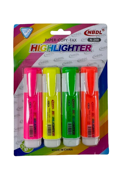 Highlighter pen set of 4 neon colors: pink, yellow, green, orange in a blister pack