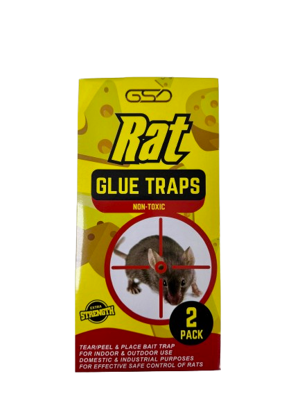 GSD Rat Glue Traps display box, yellow packaging, 2-pack traps
