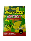 Mouse & Rat Glue Lure Traps display box; bright green packaging with cheese graphics, non-toxic, reusable, 20-pack.
