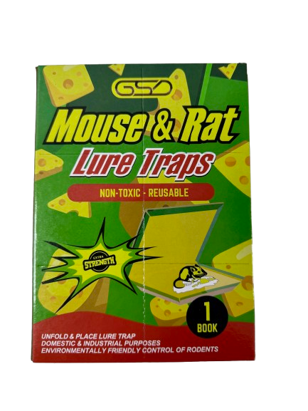 Mouse & Rat Glue Lure Traps display box; bright green packaging with cheese graphics, non-toxic, reusable, 20-pack.