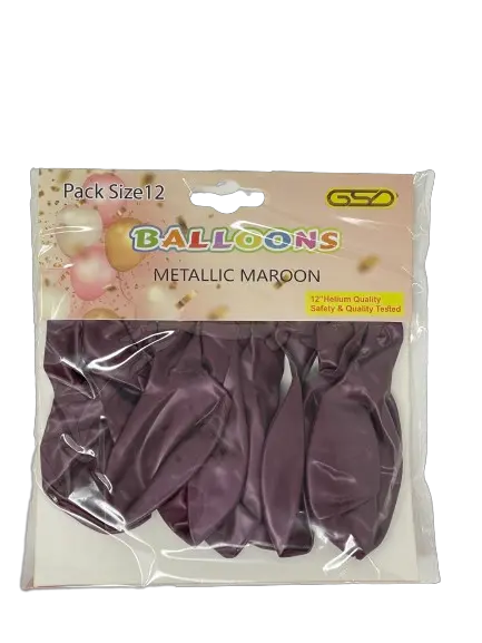 Balloons, 12 inch metallic maroon latex, pack of 12, GSD brand, birthday party supplies