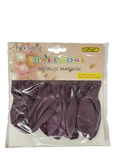 Balloons, 12 inch metallic maroon latex, pack of 12, GSD brand, birthday party supplies