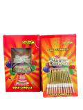 Birthday candles and holders; two red boxes labeled Gold Candles with gold taper candles visible.
