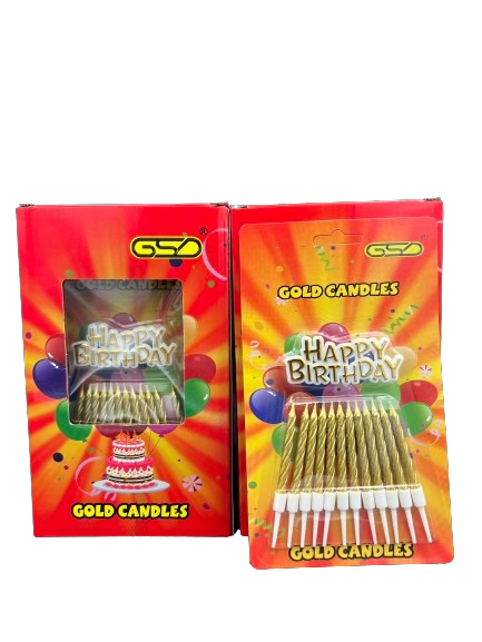 Birthday candles and holders; two red boxes labeled Gold Candles with gold taper candles visible.