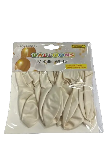 Balloons, metallic white 12-inch birthday balloons in a clear 12-pack bag