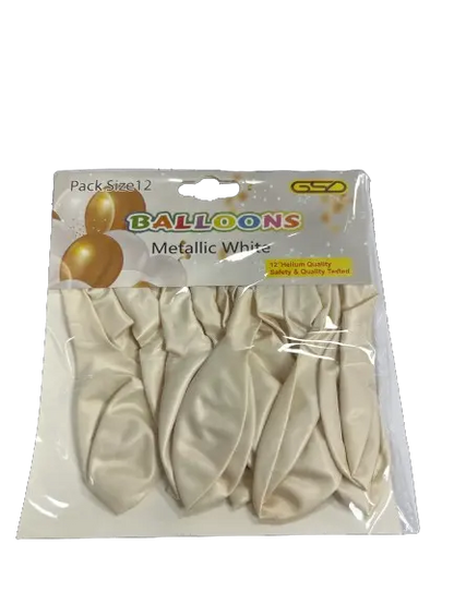 Balloons, metallic white 12-inch birthday balloons in a clear 12-pack bag