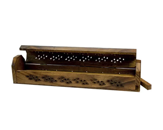 Wooden incense burner and storage box with carved floral pattern; holds incense sticks.