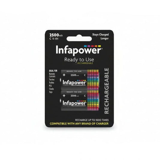 Infapower C-size 2500mAh Ni-MH rechargeable batteries on black packaging, two units visible