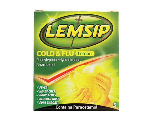 Lemsip Cold & Flu Lemon medicine box, green and yellow packaging, contains paracetamol, 5 sachets.