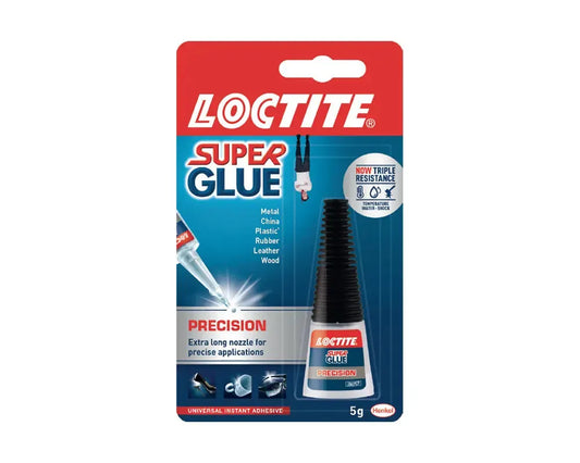Loctite Super Glue precision bottle, 5g, with red and blue packaging.