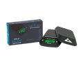 MYCO MX-100 digital pocket scale, On Balance brand, black with green LED display, packaging box, two items