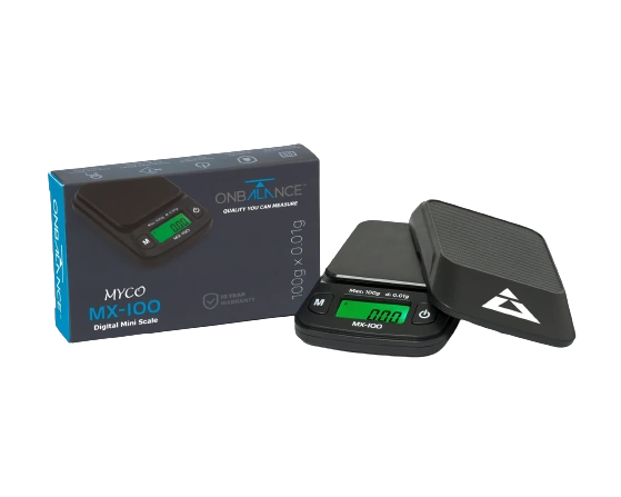MYCO MX-100 digital pocket scale, On Balance brand, black with green LED display, packaging box, two items