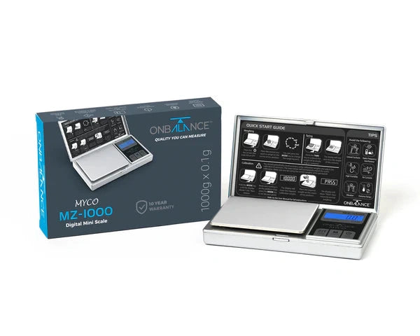 MYCO MZ-1000 digital pocket scale by On Balance, silver with lid; 2-item set box and open scale