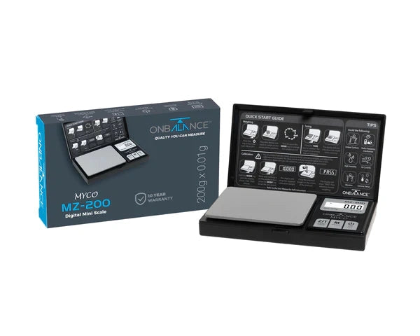 Digital scale MYCO MZ-200 by On Balance; 200 g capacity, 0.01 g precision, shown with box.
