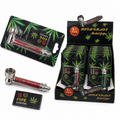Red metal water pipe with silver bowl and mouthpiece, shown with black packaging cards featuring green leaf graphics and a retail display box labeled '5 Pipe Screens Metal pipe'.