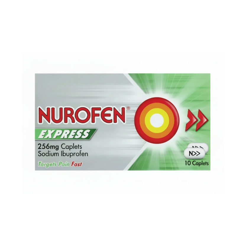Nurofen Express packaging; 256mg caplets of sodium ibuprofen, targets pain fast
