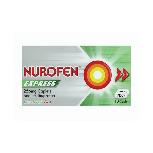Nurofen Express packaging; 256mg caplets of sodium ibuprofen, targets pain fast