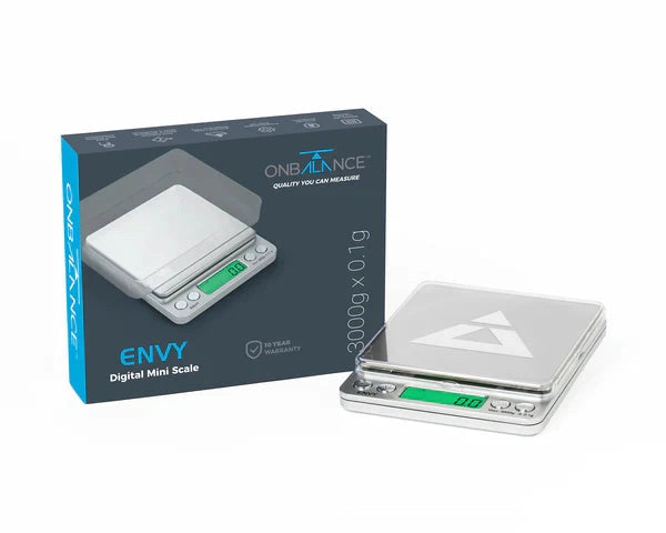 On Balance ENVY digital mini scale; silver body with green display, box included (2 items)