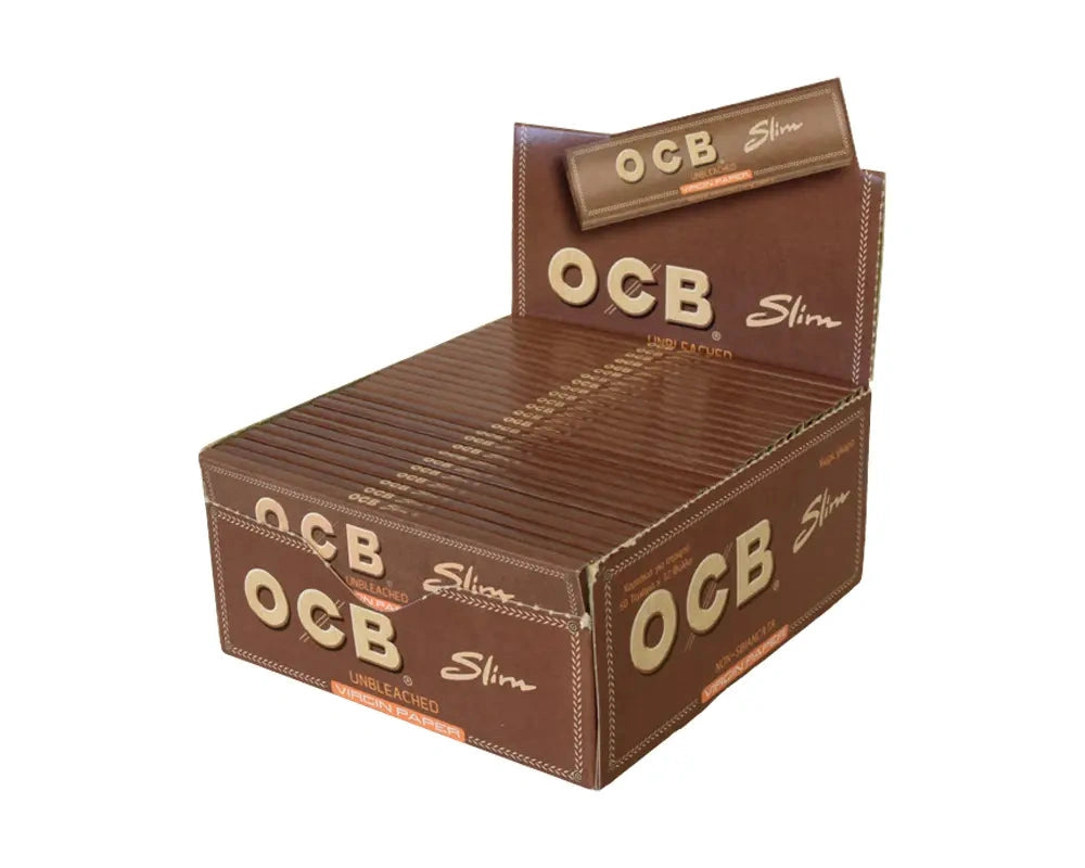 OCB King Slim brown unbleached rolling papers, 50 sheets, display box