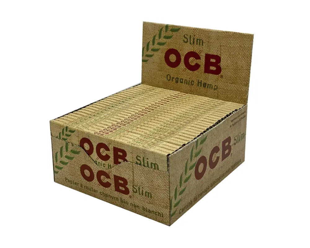 OCB Slim Organic Hemp Rolling Papers display box; brown kraft packaging with red OCB logo.