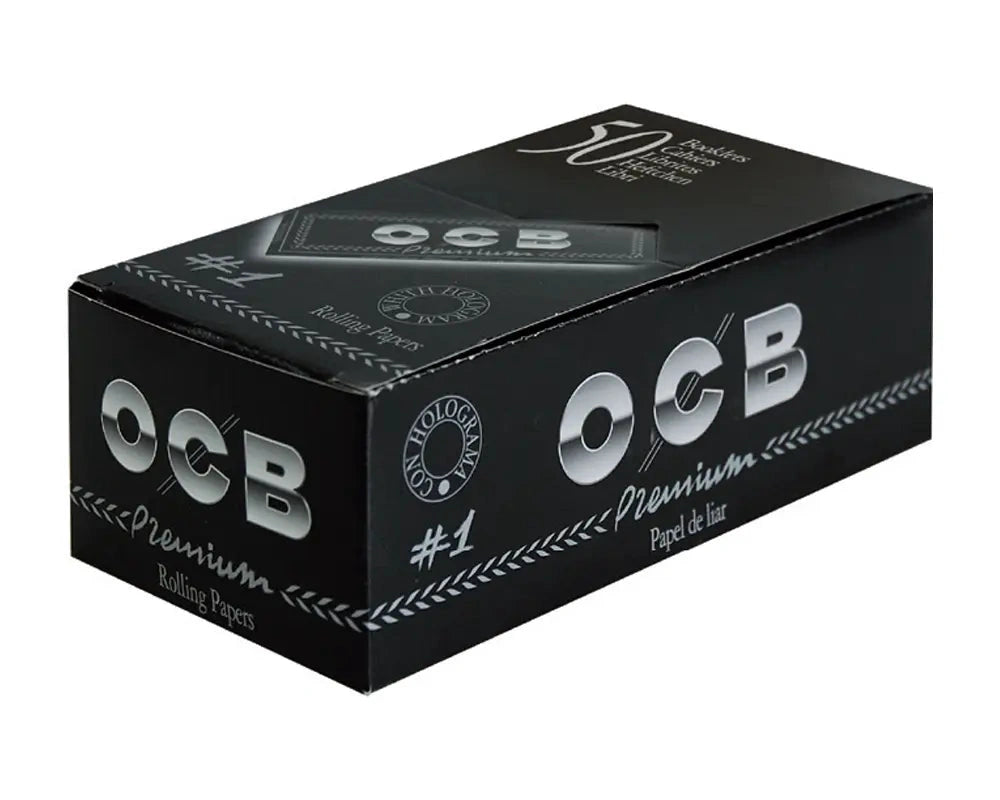 OCB Premium Rolling Papers box, black with silver OCB logo and No.1 label, 50 papers