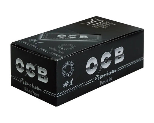 OCB Premium Rolling Papers box, black with silver OCB logo and No.1 label, 50 papers