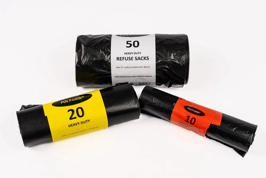 Heavy duty black garbage bags by Poly-Lion; three rolls visible (50, 20, 10).